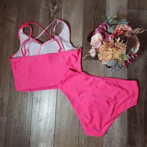 SOLY HUX Women's Plus Size Color Block Swimsuit Ruched High Waist Hot Pink 1XL - Picture 4 of 16